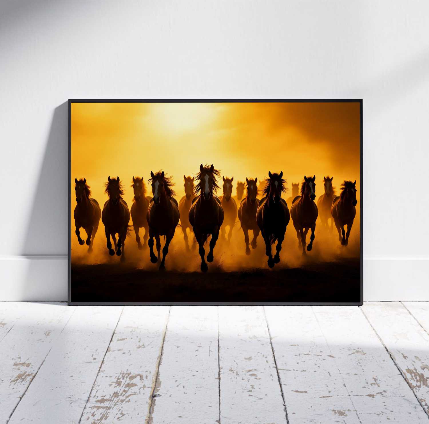 Quadro Decorativo Manada de Cavalos Correndo ao Por do Sol
